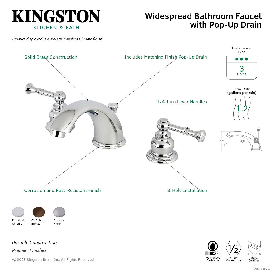 Kingston Tulare KB961NL - Naples Two-Handle 3-Hole Deck Mount Widespread Bathroom Faucet with Pop-Up Drain, Polished Chrome — thumbnail 3